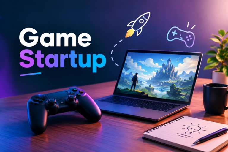 Game Startup: How to Launch and Grow a Successful Gaming Business Game startup workspace with a gaming laptop, controller, and creative development ideas