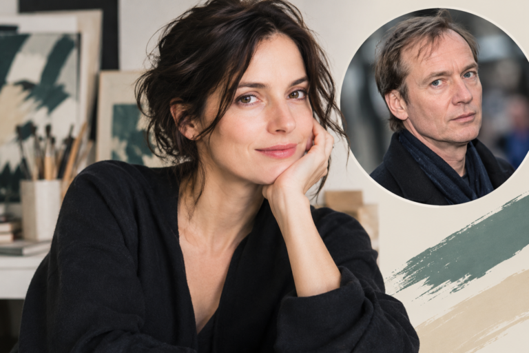 Hermine Poitou: The Artist and Designer Married to David Thewlis Hermine Poitou portrait with artist studio background and David Thewlis inset
