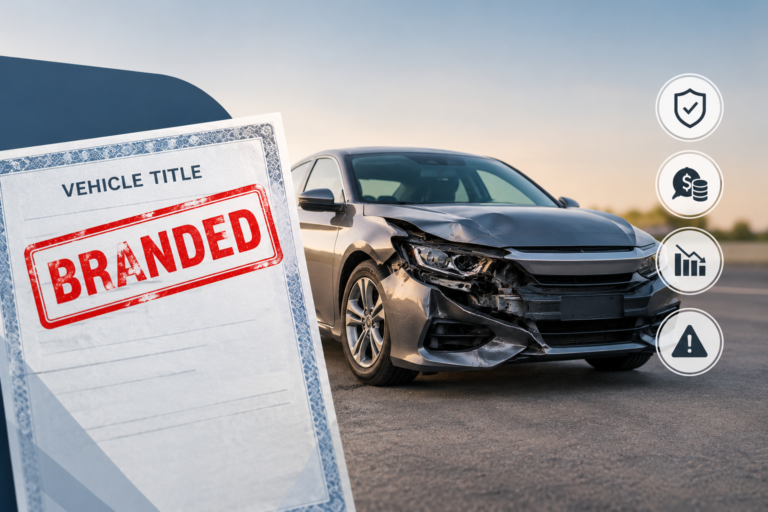Branded vehicle title document beside a damaged car showing insurance, financing, resale, and safety concerns