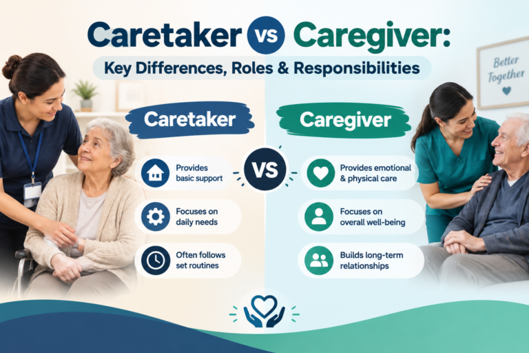 Caretaker vs Caregiver: Key Differences, Roles & Responsibilities Infographic comparing a caretaker and a caregiver, highlighting differences in basic support, daily needs, physical care, emotional support, and long-term relationships with elderly individuals.
