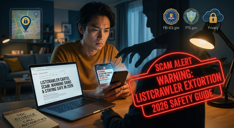 ListCrawler Cartel Scam: Warning Signs, Threatening Messages, and How to Stay Safe in 2026 Illustration of an online extortion scam alert guide showing a smartphone with threatening text messages, a laptop displaying safety warnings, and official reporting symbols.