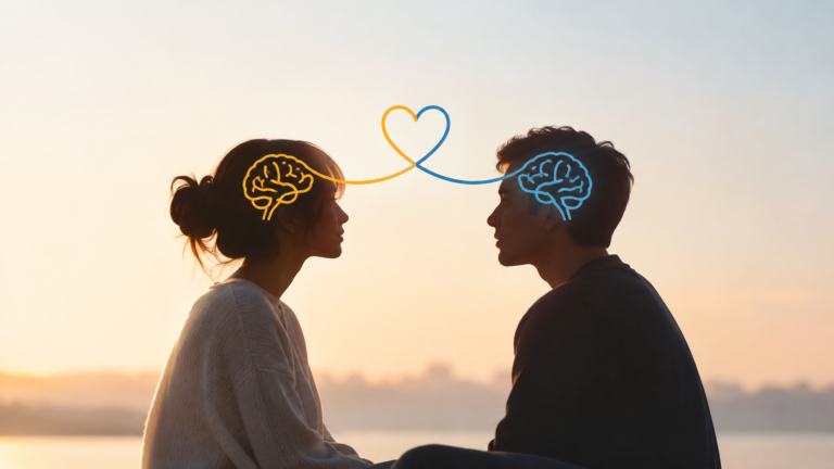 Two people connecting through empathy, represented by colorful brain outlines and a shared heart.
