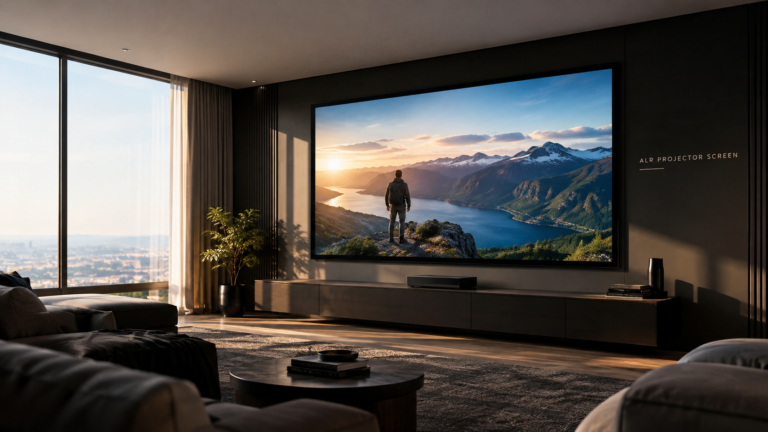 ALR Projector Screen: What It Is, Cost, Disadvantages, and Whether It’s Worth It ALR projector screen in a modern home theater with daylight